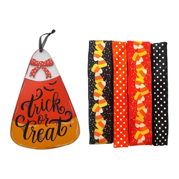 Halloween Candy Corn Wreath Kit - "Trick or Treat" Sign & Coordinating Ribbons - Picture 1 of 5